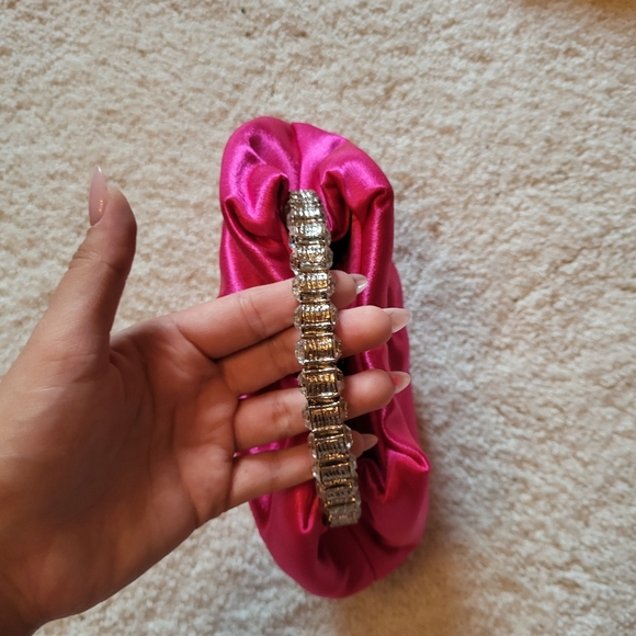 Vibrant Fuchsia Satin Clutch with Beaded Handle - Picture 2 of 4